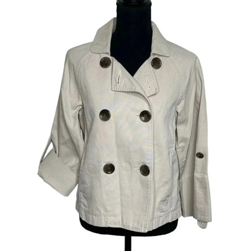 Old Navy Double Breasted Jacket S Beige Cotton 3/4 Sleeve Cropped Pea‎ Coat